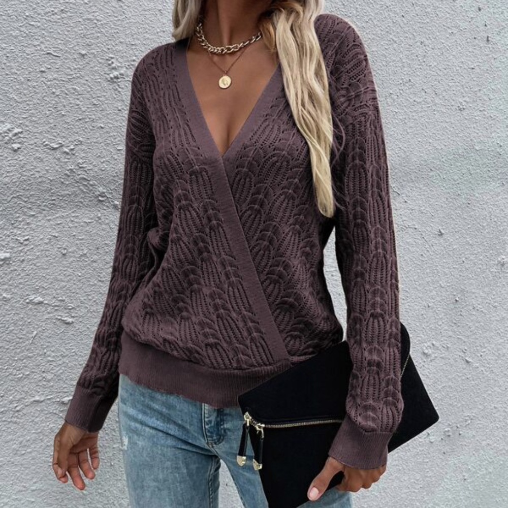 Brown Surplice Textured Knit Sweater Top Minimalist - Picture 7 of 7